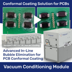 The Natgraph Vacuum Conditioning Module (VCM) is a pioneering in-line solution developed to eliminate bubbles in conformal coatings on printed circuit boards, ensuring superior protection and long-term reliability.