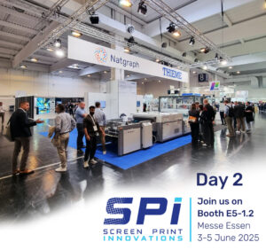 2nd Day in full swing! SPI Messe Essen, Germany (ESMA) – Natgraph are proudly exhibiting alongside THIEME, with one of our advanced freestanding UV dryer module and stacker.